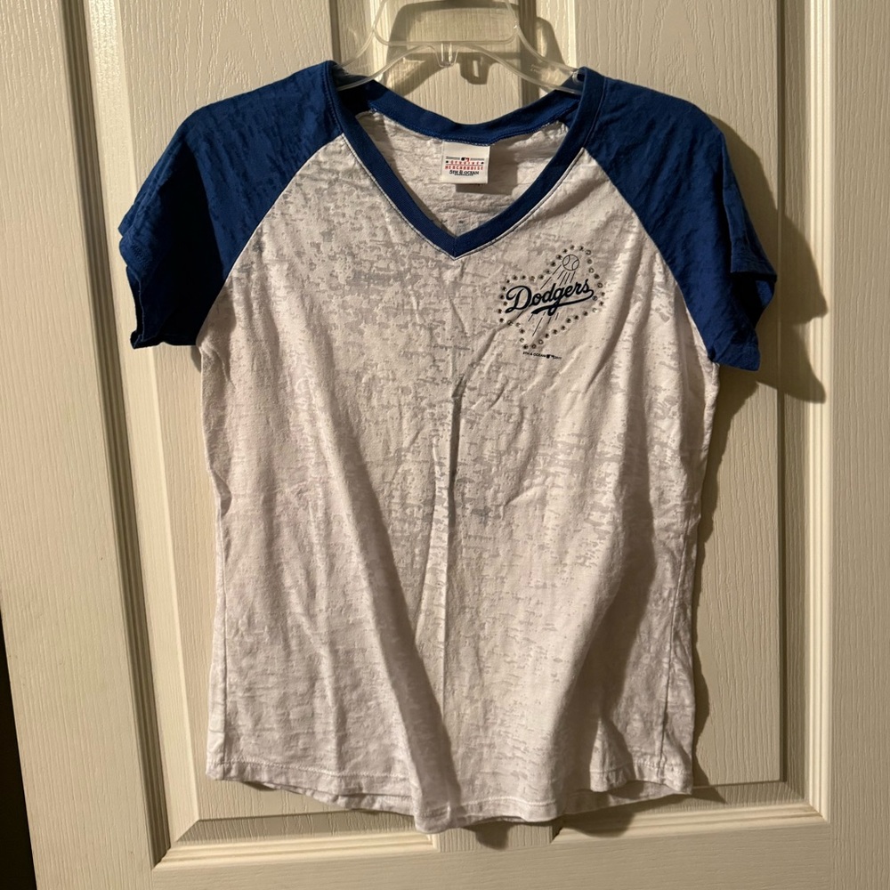 Los Angeles Dodgers Girls' White and Blue V-Neck Raglan Tee